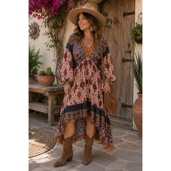 Umgee Dresses & Skirts - Boho Western Babydoll Umgee Patchwork Pink Multi Balloon Sleeve L Midi Dress